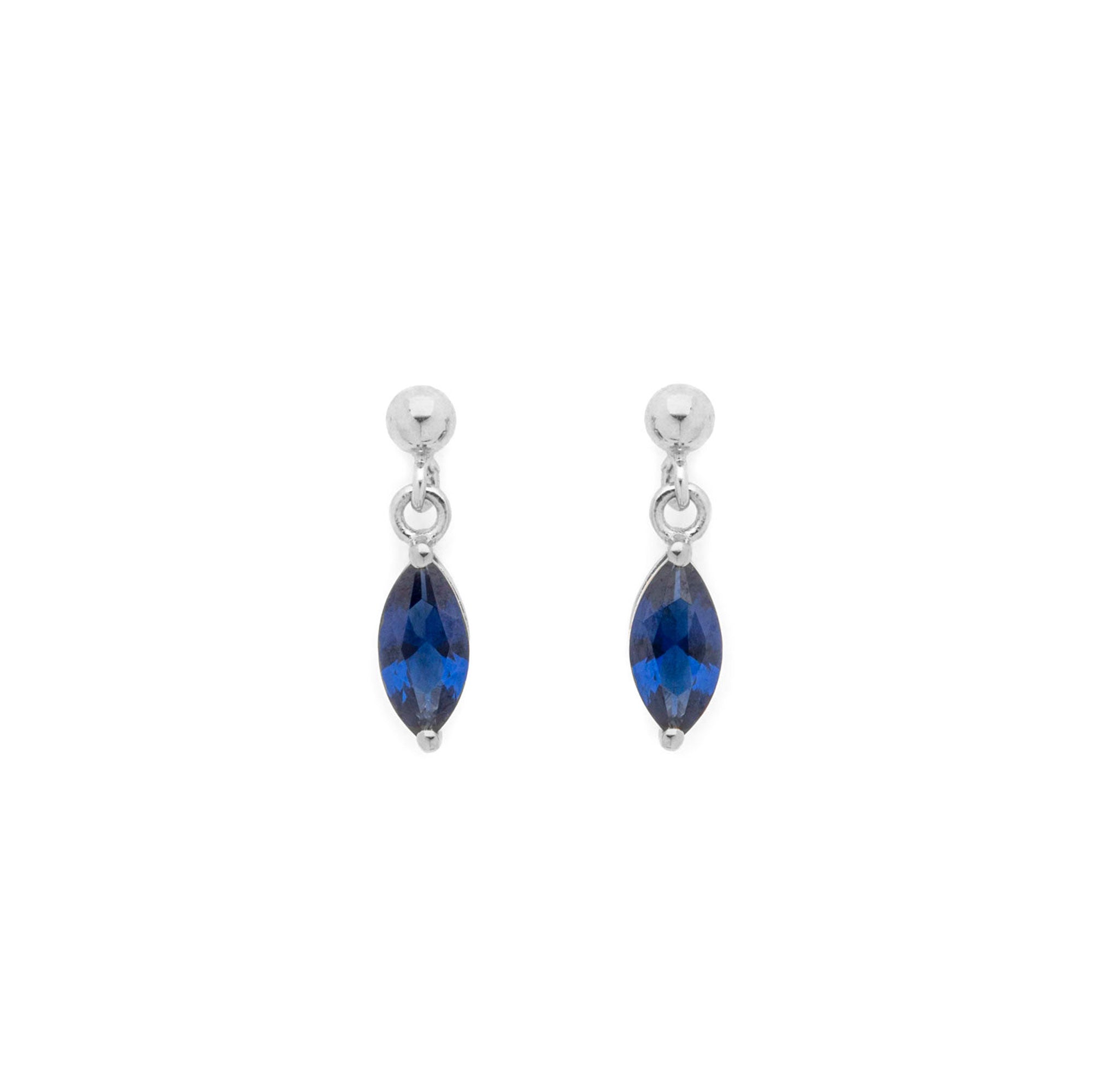 A pair of silver drop earrings featuring marquise-cut deep blue faceted gemstones, shown against a plain white background.