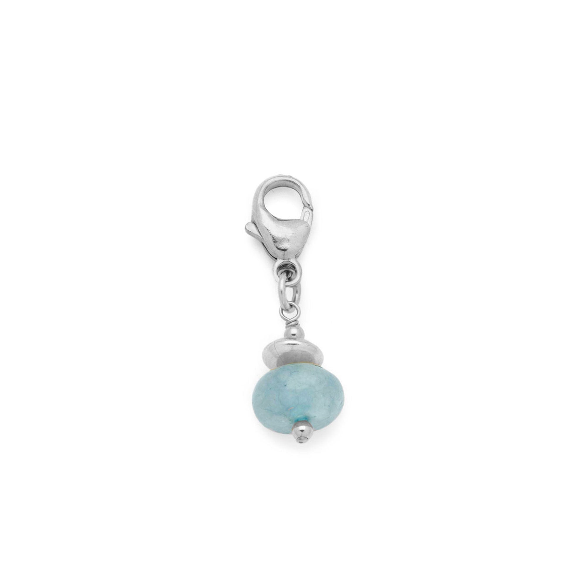 A silver lobster clasp charm featuring a light blue bead and a small silver spacer bead, shown on a plain white background.