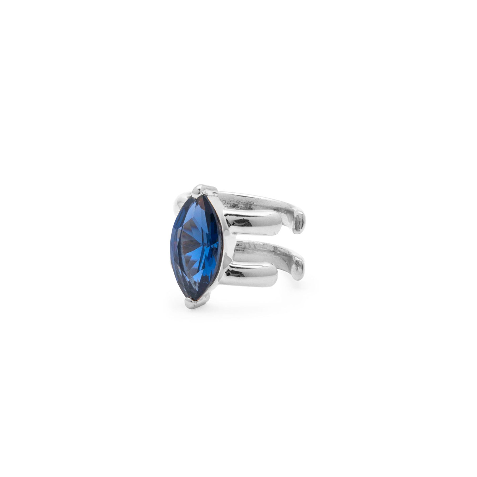 A silver-toned ring featuring a marquise-cut blue gemstone, shown against a plain white background.