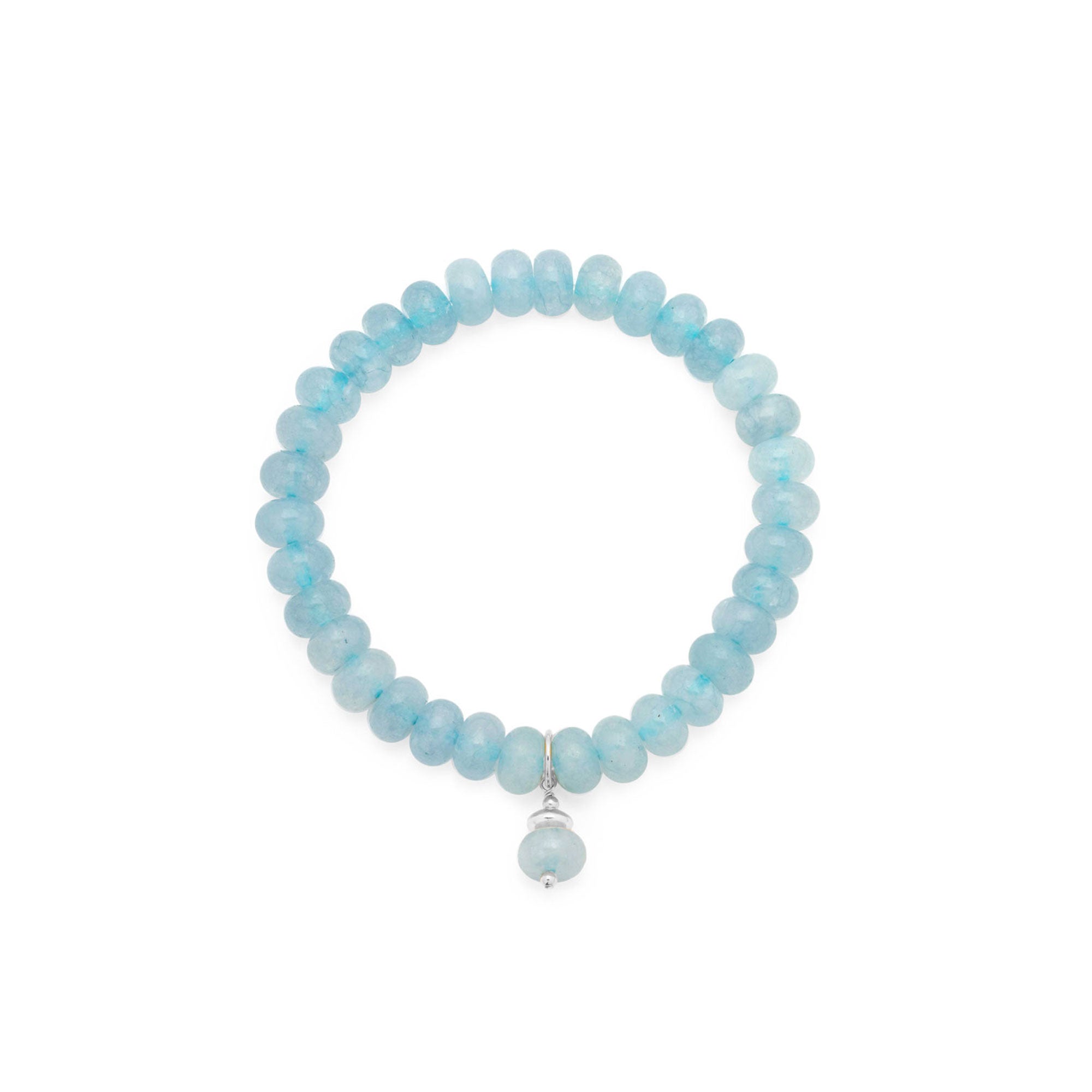 A beaded stretch bracelet made of light blue faceted beads with a small matching light blue bead charm, displayed on a clean white background.