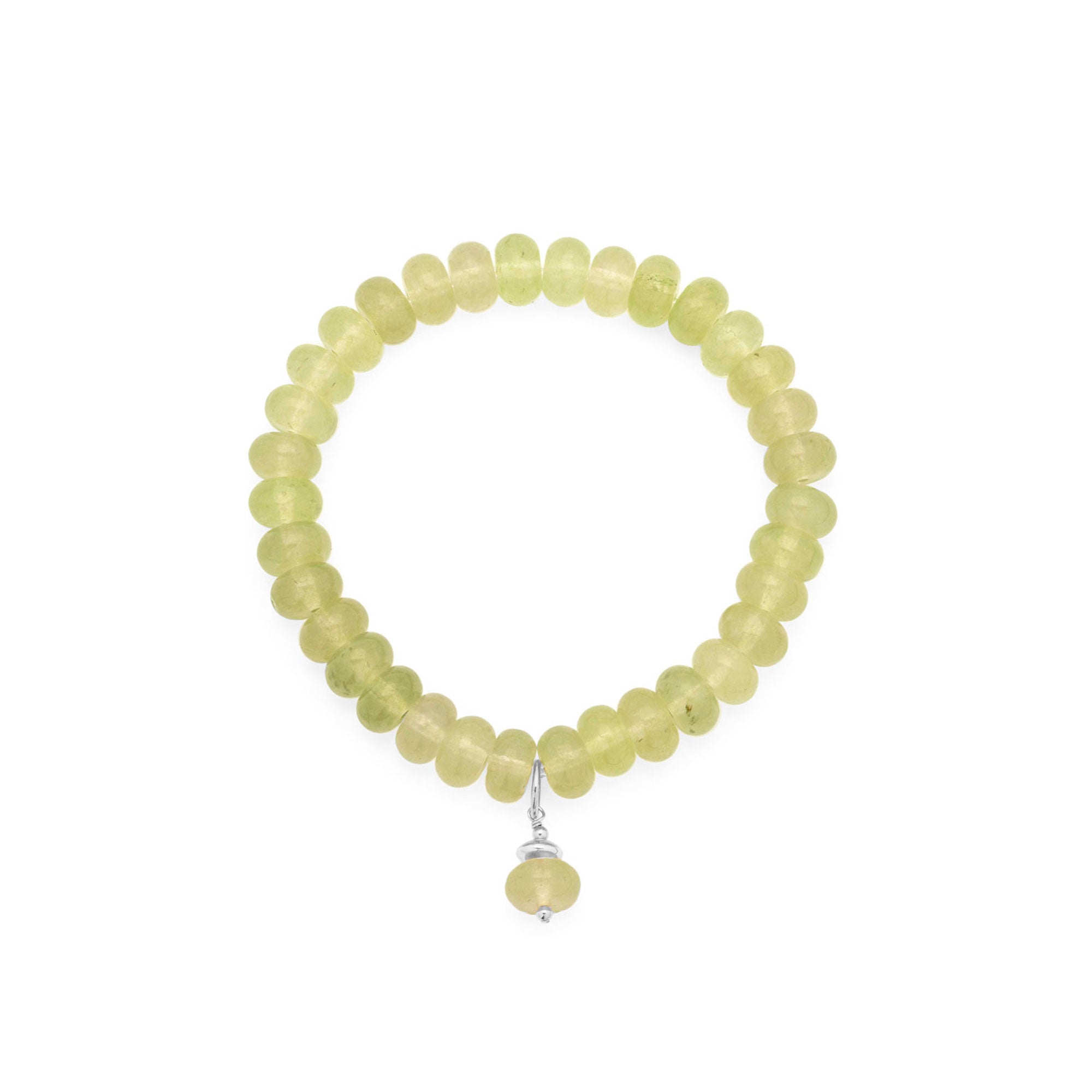 A beaded stretch bracelet made of light yellow-green faceted beads, featuring a small silver-toned accent and a dangling bead at the bottom, shown on a plain white background.