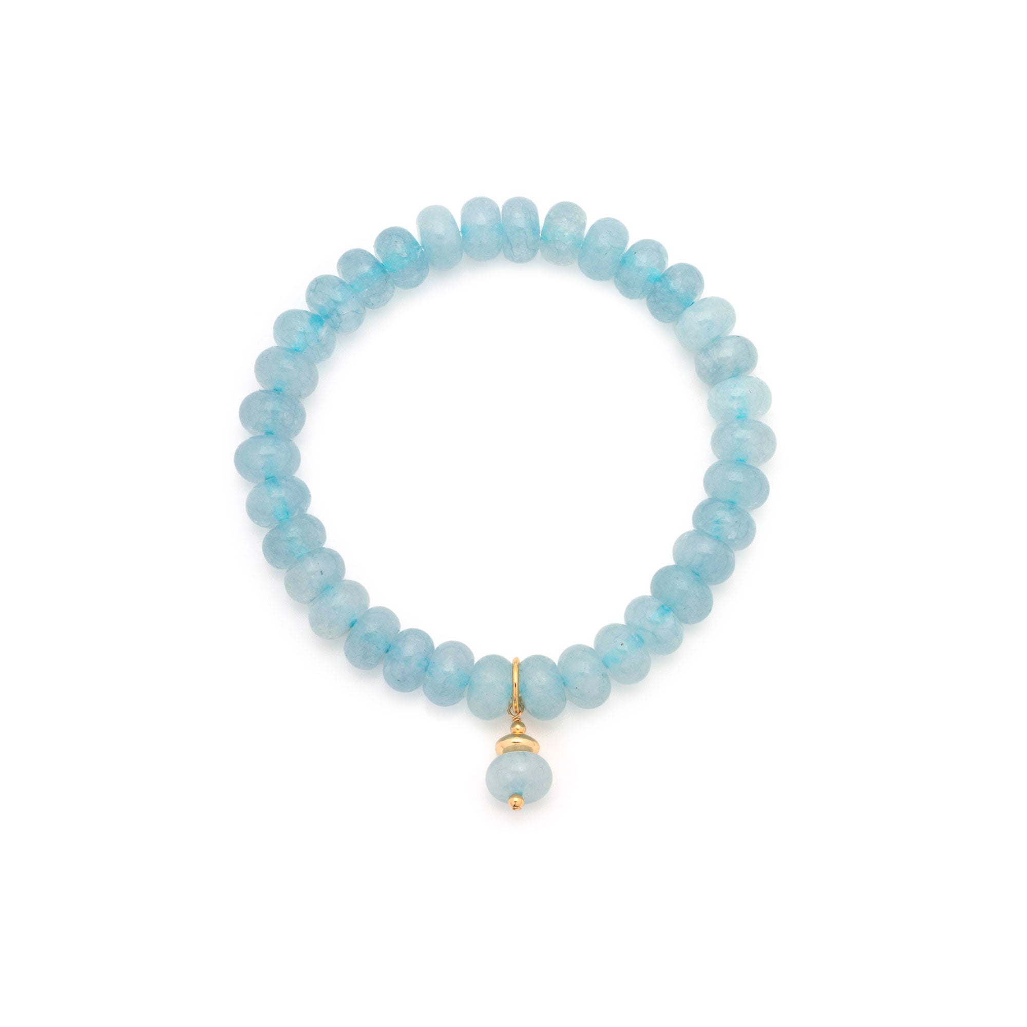A beaded stretch bracelet made of light blue faceted beads with a small gold accent and a dangling light blue bead charm, shown on a plain white background.