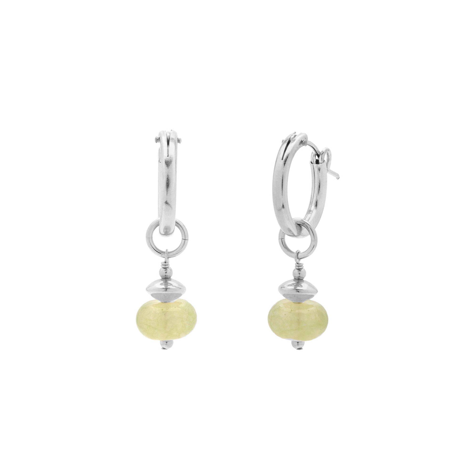 A pair of silver hoop earrings with a small silver bead and a round pale green stone dangle, shown on a plain white background.