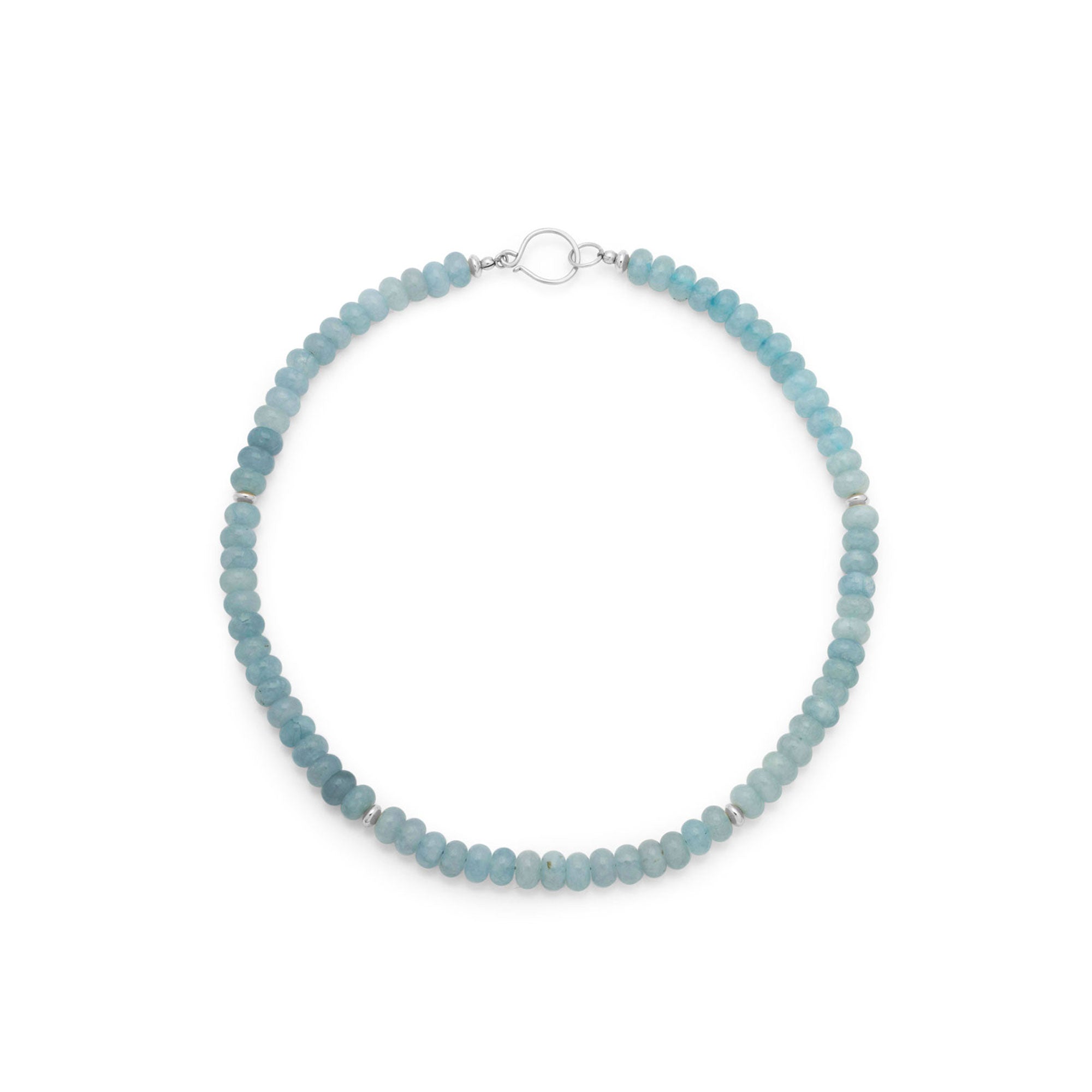 A beaded necklace made of light blue-gray round beads with a silver-tone clasp, displayed on a clean white background.