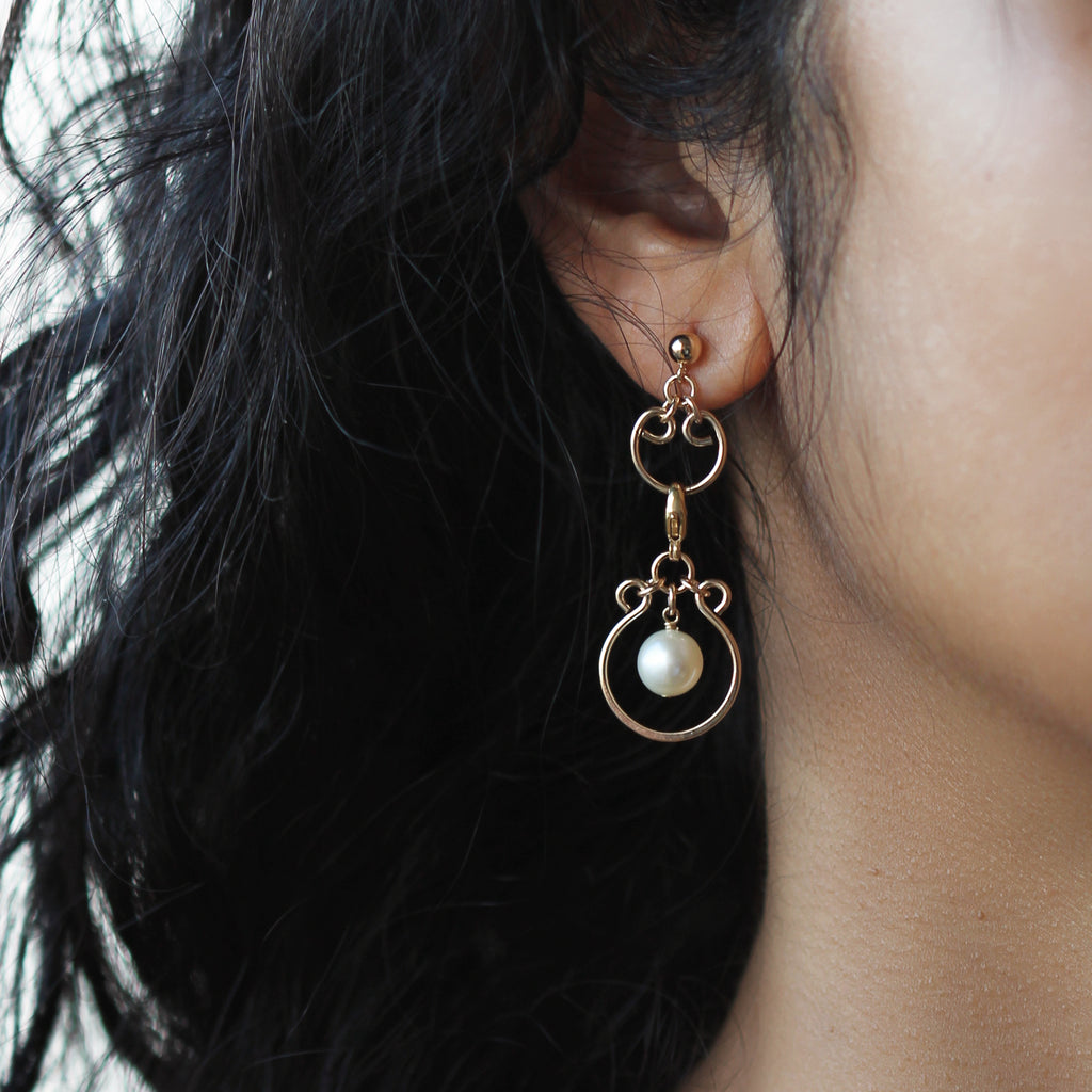 Filigree Charm Earrings - Gold with White Pearl